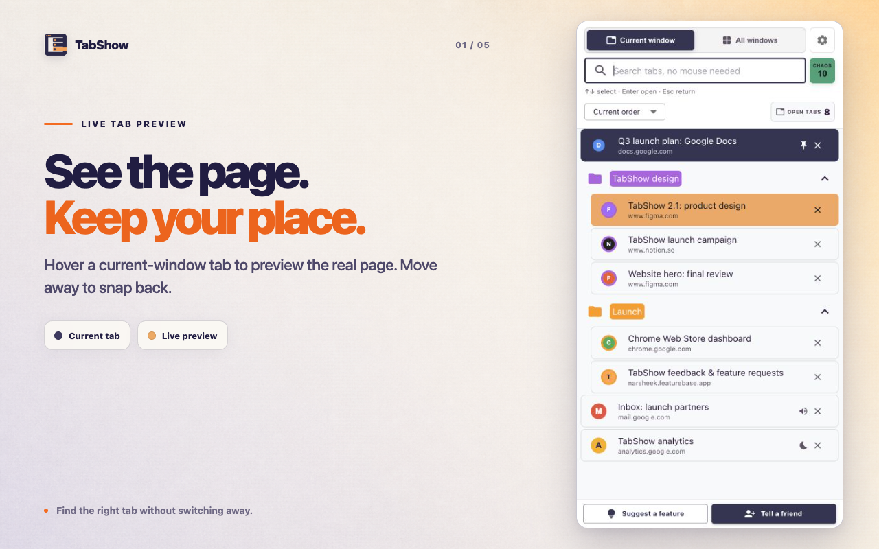 TabShow 2.1 live preview showing the current Chrome tab in violet and a hovered preview tab in amber
