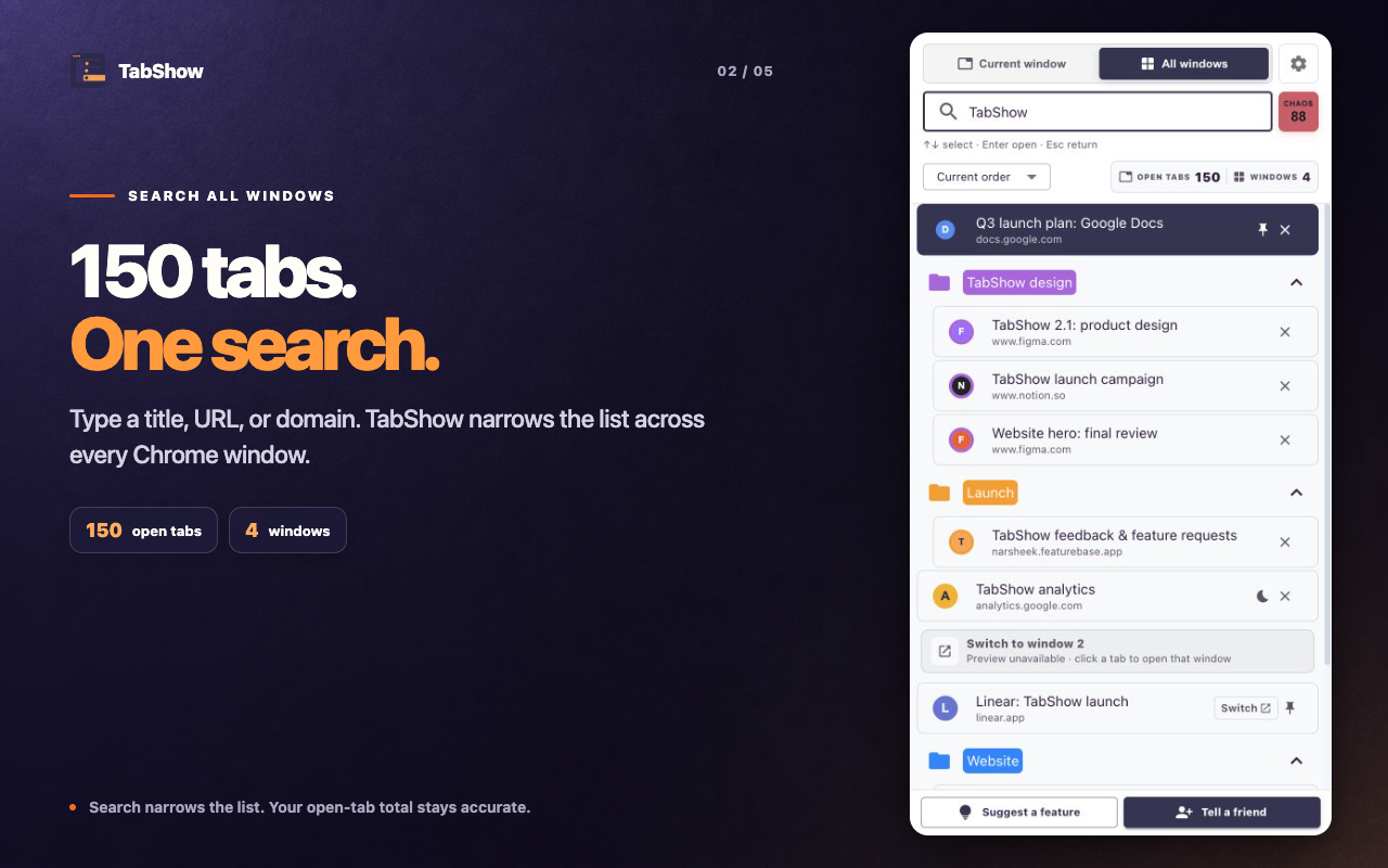 TabShow 2.1 search filtering 150 open Chrome tabs by title, URL, and domain